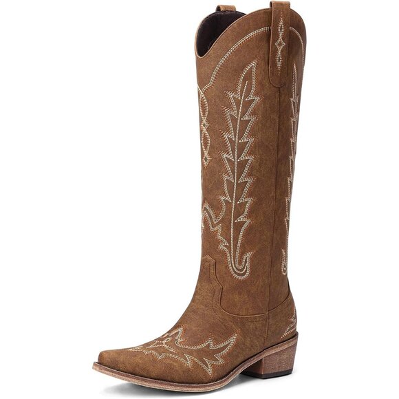 ⚡ Women Brown Polyurethane Knee High Pointed Toe Chunky Heel Cowgirl Boots - Picture 1 of 4